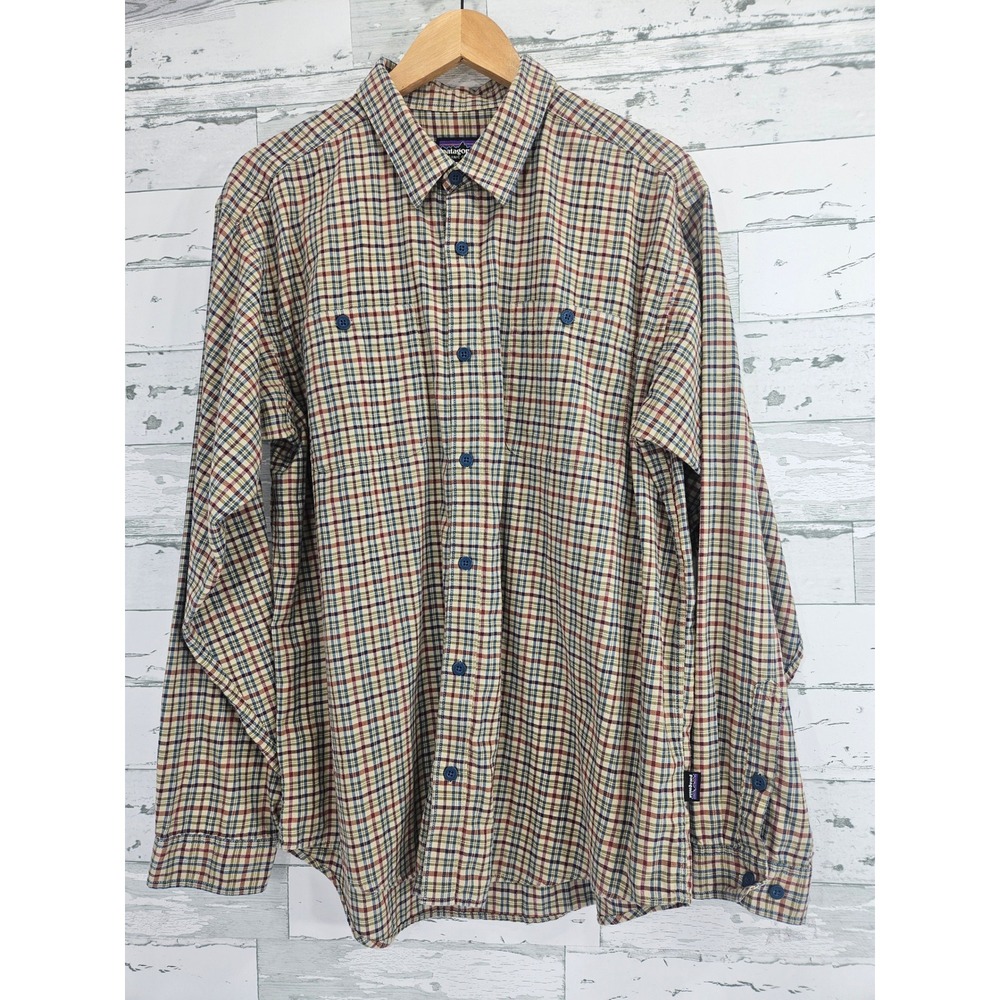 Patagonia Mens Organic Cotton Plaid Button Down Shirt Tan Red Blue Large FA14
